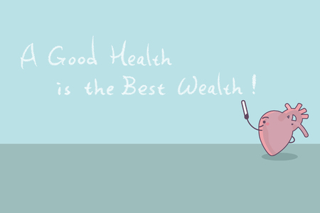 cartoon heart with slogan,a good health is the best wealth, great for health care conceptのイラスト素材