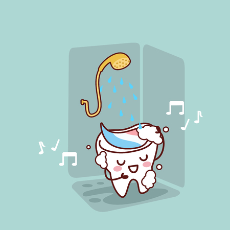 cute cartoon tooth taking shower, great for health dental care conceptのイラスト素材