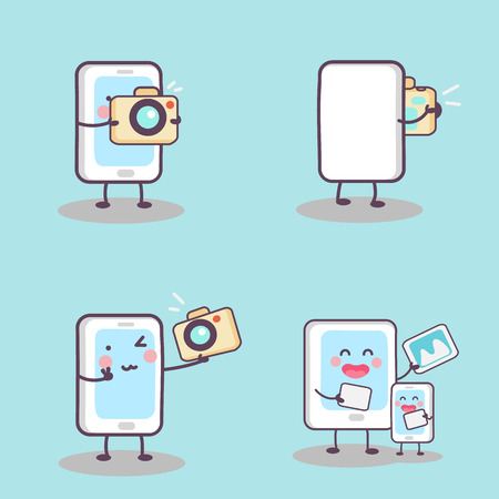 cute cartoon phone take selfie with tablet pc, great for  technology photograph conceptのイラスト素材