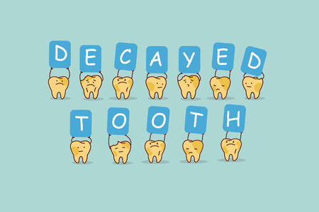 cute cartoon yellow tooth jump with billboard,decayed tooth, great for health dental care conceptのイラスト素材