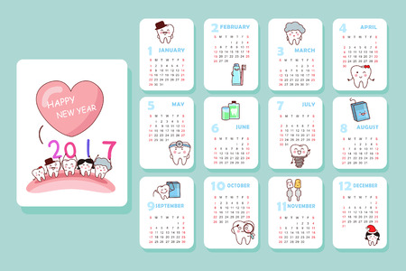 happy new year with cute cartoon white tooth noteのイラスト素材
