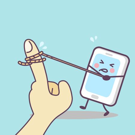 cute cartoon cellphone tug-of-war with finger, great for your technology concept designのイラスト素材