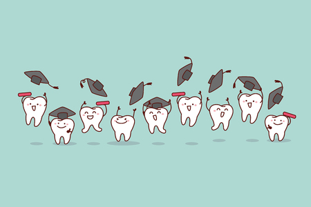 Happy cartoon graduate tooth jump and run, great for health dental care conceptのイラスト素材