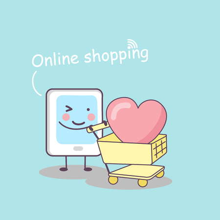 cute cartoon digital tablet pc with shopping cart, great for online shopping technology conceptのイラスト素材