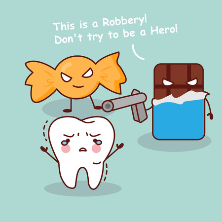 cute cartoon teeth robbery by unhealthy candy and chocolate, great for health dental care conceptのイラスト素材