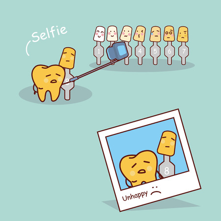 unhappy yellow cartoon tooth with whitening and bleaching tool take selfie together, great for dental care and teeth whitening and bleaching conceptのイラスト素材