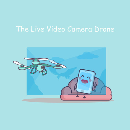 cute cartoon live video cameradrone with smartphone on the sofa, great for your designのイラスト素材