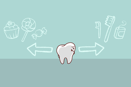 cute cartoon tooth think confused between health and sweet,doodle, great for health dental care conceptのイラスト素材