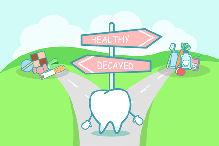 cute cartoon tooth think confused between health and unhealth food on the seperated roadのイラスト素材
