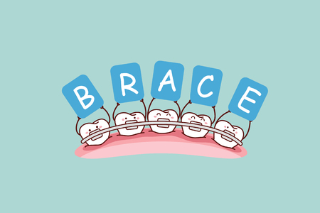 cartoon tooth with brace holding billboards , great for dental care and brace conceptのイラスト素材