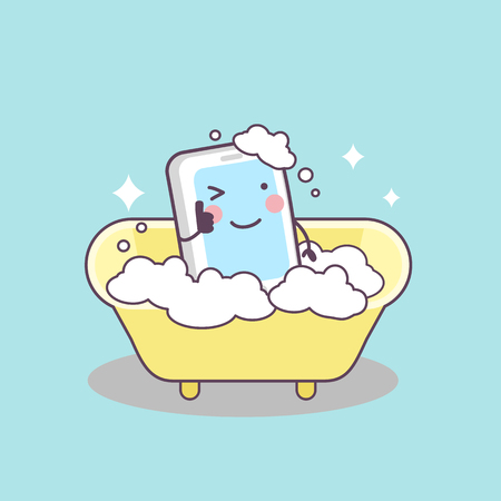 cute cartoon cellphone taking shower , great for your designのイラスト素材