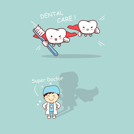 Cartoon super dentist and tooth with toothbrushのイラスト素材