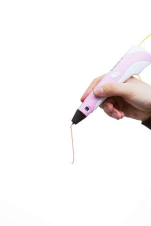 3d handle (pen) in man's hand on white background. 3d paintings and figures with their own hands....