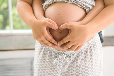 Future mom and dad hug the belly of a pregnant woman. Heart of the hands