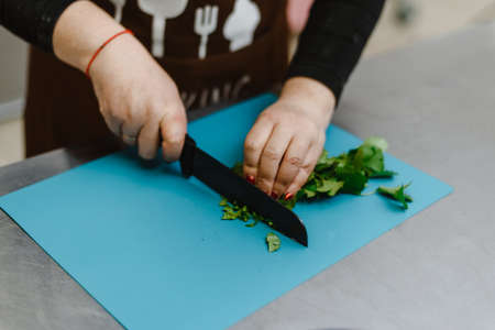 The girl cuts greens, onions, parsley and various seasonings with a knife on a cutting board. Woman cook cuts salad for cooking.の写真素材