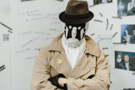 A man in a mask with rorschach stains and a coat is standing in a room with evidence. Comic detective.のeditorial素材