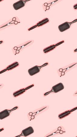 Flat lay composition with hairdresser set on pink background. Barber set with tools and equipment: scissors, combs and hairclips. Hairdresser and beauty salon service. Seamless pattern.の写真素材