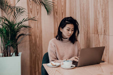 Cute adult girl plays in a laptop in a coffee shop. Asian woman working in a cafe at a laptop....