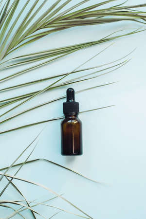 Serum for skin with collagen and peptides. Glass bottles with dropper under palm leaves.の写真素材