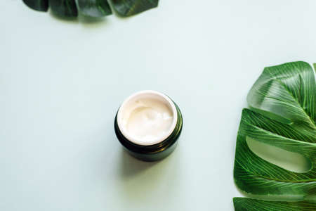Moisturizer against a background of fresh palm leaves. The concept of natural cosmetics from natural...