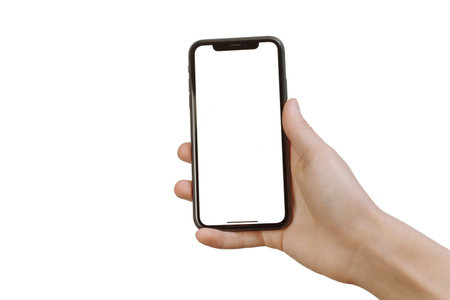 Samara Russia - 04.05.2020: A young man climbs in a smartphone. Smartphone mockup. Business hand holding the black smartphone with blank screen.のeditorial素材