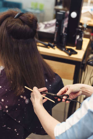 The master hairdresser cuts the ends of the hair of a brunette sitting in a beauty salon. Closeup of hairdresser making haircut to woman with scissors in hair salon.の写真素材