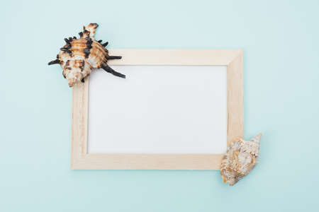 White frame on a blue background next to shells. Sunny summer mock up.の写真素材
