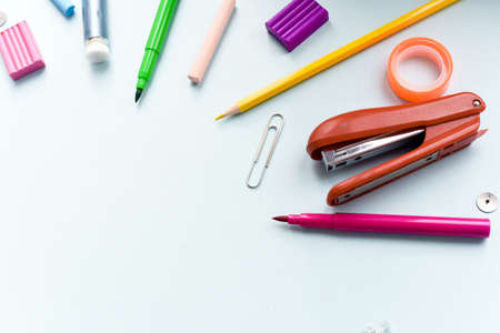 Education concept. School or student. Back to school. Items for the school on a blue table.の写真素材