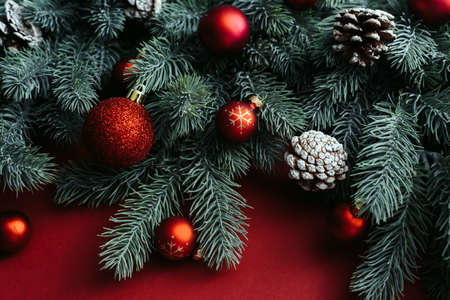 Christmas red decorations, fir tree branches on red background. Flat lay. Nature Christmas concept. Flat lay, top view, copy space.の写真素材