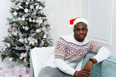 Cheerful handsome African American male looking at camera and smiling indoor near Christmas glowing...