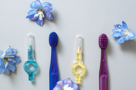 Blue and purple toothbrushes, blue and yellow interdental brushes on grey