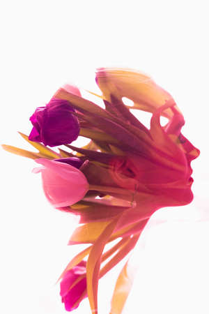 Double exposure photography of beautiful woman and flowers. Pink and purple portrait of a beautiful girl on a background of tulip flowers.の写真素材