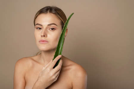 Skincare, moisturizing. Beauty Woman with perfect skin holding fresh leaf of Aloe Vera. Woman with natural makeup and healthy skin portrait.の写真素材