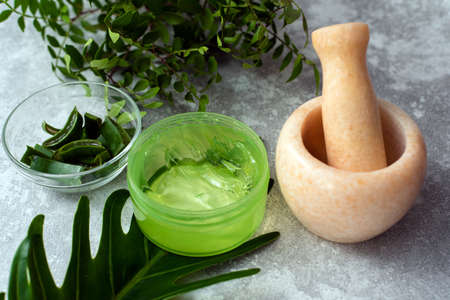 Green aloe vera gel next to natural ingredients for cosmetics. Face and skin careの写真素材