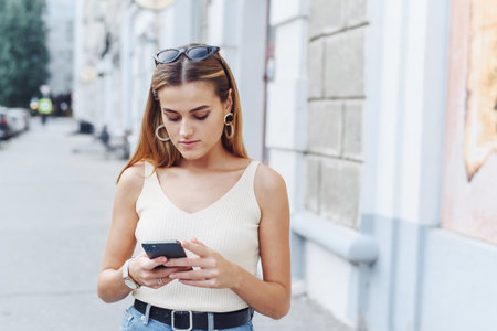 Happy successful smiling woman using smart phone for shopping online on outdoor street background. Close upの写真素材