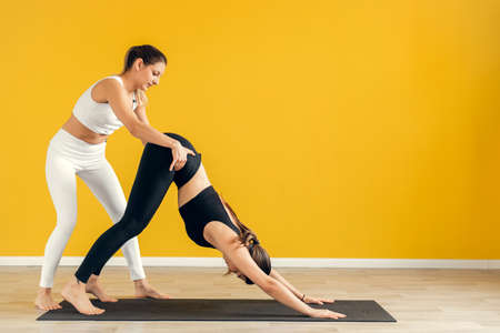 A young gymnast performs a dog pose in the gym under the supervision of a trainer. Stretching and yoga conceptの写真素材