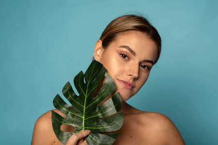 A beautiful young woman in the studio on a blue background with wet skin and wet hair holds a large green tropical leaf in hands. Facial Beauty. Skin care organic green natural earth day conceptの写真素材