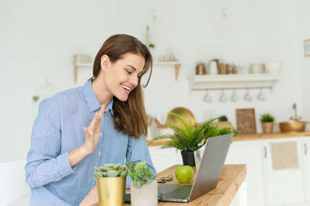 Young woman says hi looking into a laptop. Video communication during quarantineの写真素材