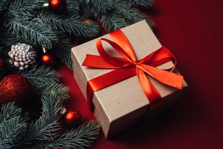 Christmas background concept. Christmas gift box with red ball and branches with pine cones on red backgroundの写真素材
