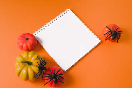 Flat lay halloween composition on orange background with mock up. Halloween concept. Blank canvas frame and halloween decoration. Halloween mock up posterの写真素材