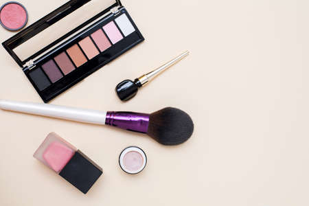 Beauty blog concept. set of decorative cosmetics on color background. space for text.の写真素材