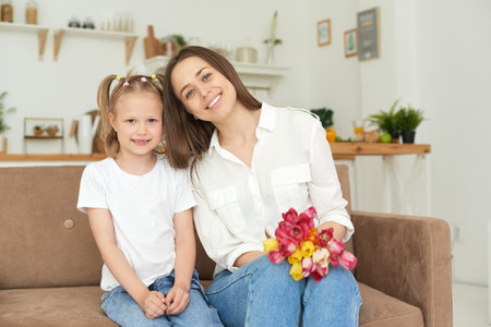 Lovely home portrait of mother and daughter or nanny and little girl.の写真素材