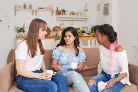 An unhappy woman talks about her problems to her friends at home. The concept of friendship and support.の写真素材