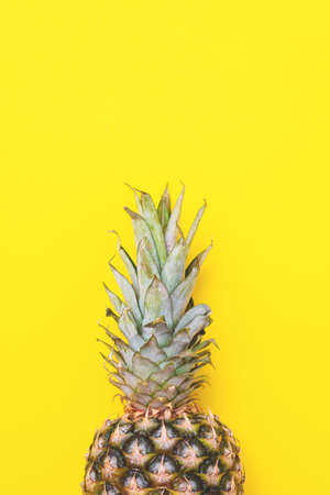 Pineapple on a yellow background. Creative summer greeting concept, vertical photo. Blog template.の写真素材