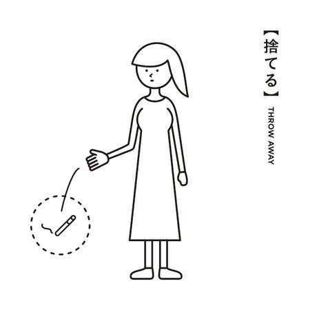 Simple illustration/pictogram of a woman throwing out a cigaretteのイラスト素材