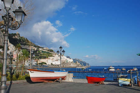 A view of the white houses of Amalfi from the port of the sea townのeditorial素材