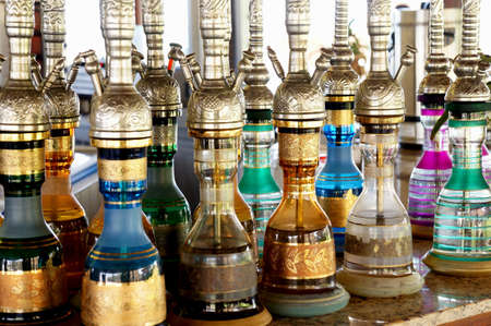 Close-up view of rows of colorful and decorated waterpipesのeditorial素材