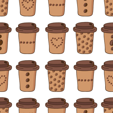 Vector coffee cups seamless pattern, coffee to go cups with different coffee beans patternsのイラスト素材