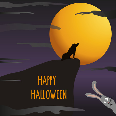 Halloween night background with full moon, wolf and hare, happy halloween letteringのイラスト素材