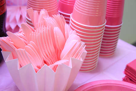 Pink plastic disposable tablewareの写真素材